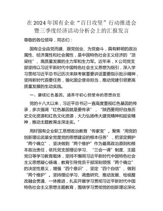 在2024年国有企业百日攻坚行动推进会暨三季度经济活动分析会上的汇报发言