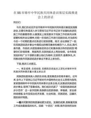 在XX市铸牢中华民族共同体意识基层实践推进会上的讲话