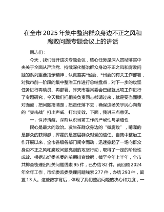 在全市2025年集中整治群众身边不正之风和腐败问题专题会议上的讲话