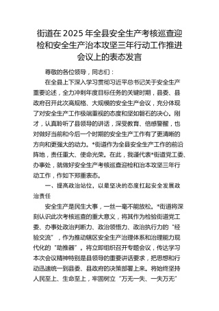 街道在全县安全生产考核巡查迎检和安全生产治本攻坚三年行动工作推进会议上的表态发言
