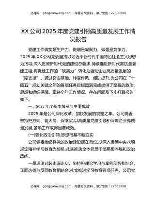 XX公司2025年度党建引领高质量发展工作情况报告