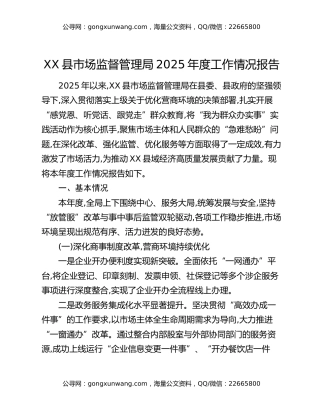 XX县市场监督管理局2025年度工作情况报告