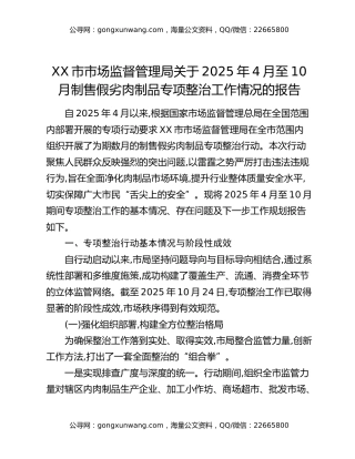 XX市市场监督管理局关于2025年4月至10月制售假劣肉制品专项整治工作情况的报告