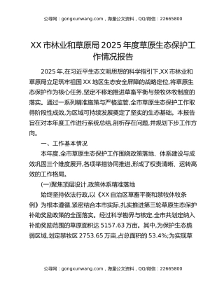 XX市林业和草原局2025年度草原生态保护工作情况报告