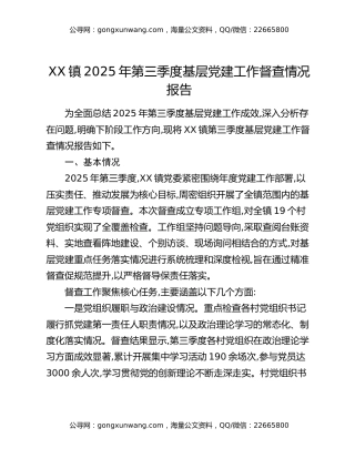 XX镇2025年第三季度基层党建工作督查情况报告
