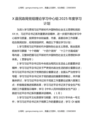 X县民政局党组理论学习中心组2025年度学习计划