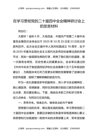 副局长在学习贯彻党的二十届四中全会精神研讨会上的发言材料