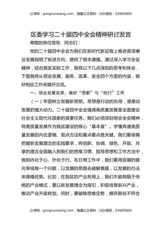 区委学习二十届四中全会精神研讨发言