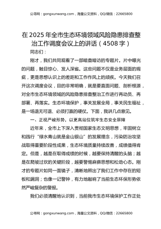 在2025年全市生态环境领域风险隐患排查整治工作调度会议上的讲话