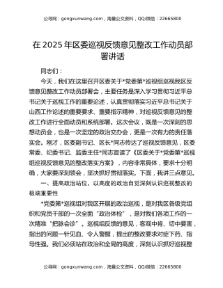 在2025年区委巡视反馈意见整改工作动员部署讲话