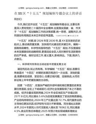 在XX区“十五五”规划编制专题会议上的讲话