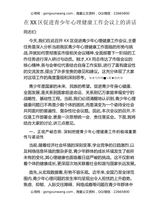 在XX区促进青少年心理健康工作会议上的讲话