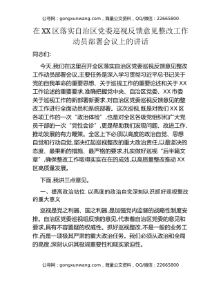 在XX区落实自治区党委巡视反馈意见整改工作动员部署会议上的讲话