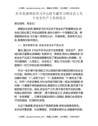 在乡党委理论学习中心组专题学习研讨会上关于安全生产工作的发言