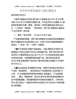 在全市年度务虚会上的汇报发言