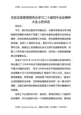 在区应急管理局传达学习二十届四中全会精神大会上的讲话