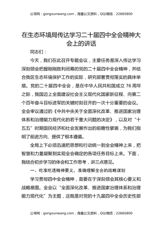在生态环境局传达学习二十届四中全会精神大会上的讲话