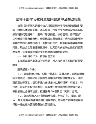 领导干部学习教育查摆问题清单及整改措施
