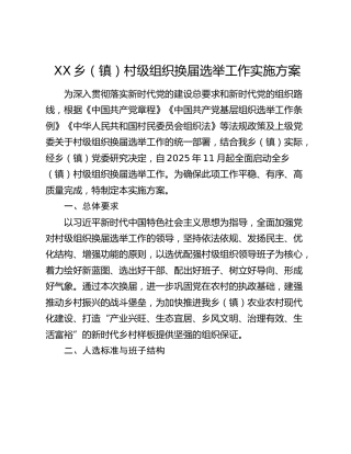 XX乡（镇）村级组织换届选举工作实施方案
