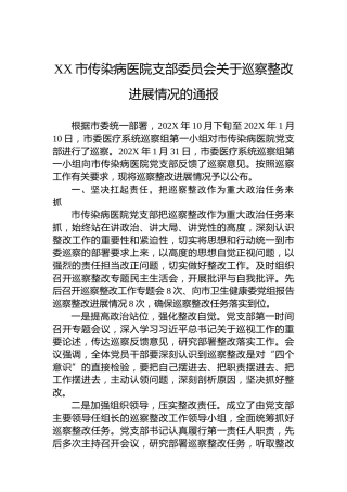 XX市传染病医院支部委员会关于巡察整改进展情况的通报