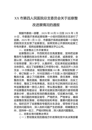 XX市第四人民医院总支委员会关于巡察整改进展情况的通报
