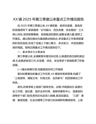 XX镇2025年第三季度以来重点工作情况报告