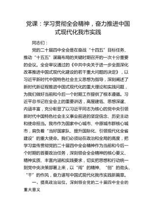 党课：学习贯彻全会精神，奋力推进中国式现代化我市实践