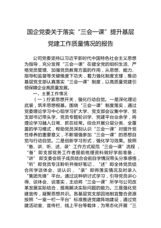 国企党委关于落实“三会一课”提升基层党建工作质量情况的报告