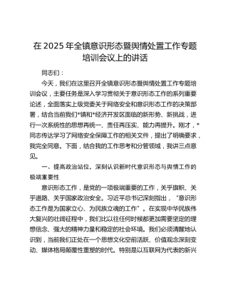 在2025年全镇意识形态暨舆情处置工作专题培训会议上的讲话