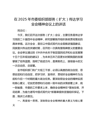 在2025年市委组织部部务（扩大）传达学习四中全会精神会议上的讲话