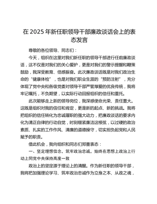在2025年新任职领导干部廉政谈话会上的表态发言