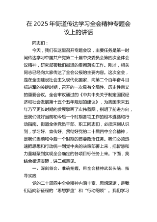 在2025年街道传达学习四中全会精神专题会议上的讲话