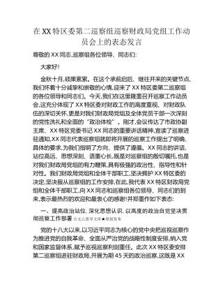 在XX特区委第二巡察组巡察财政局党组工作动员会上的表态发言