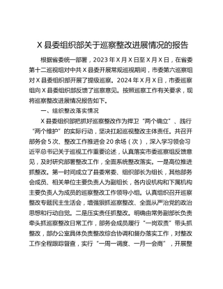 X县委组织部关于巡察整改进展情况的报告