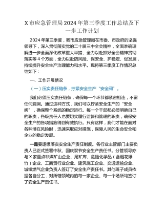X市应急管理局2024年第三季度工作总结及下一步工作计划