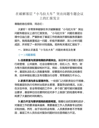在破解基层小马拉大车突出问题专题会议上的汇报发言