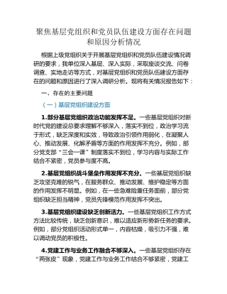 聚焦基层党组织和党员队伍建设方面存在问题和原因分析情况