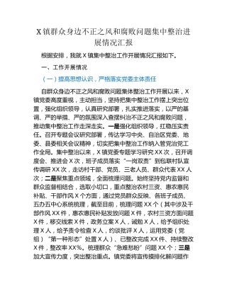 X镇群众身边不正之风和腐败问题 集中整治进展情况汇报
