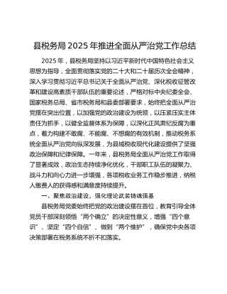 县税务局2025年推进全面从严治党工作总结