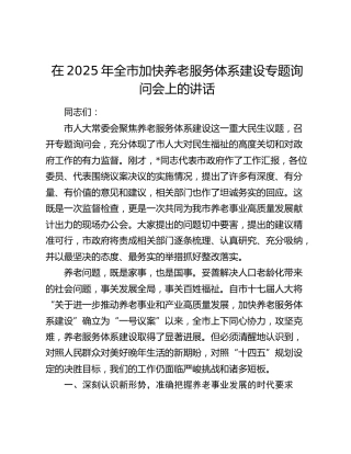 在2025年全市加快养老服务体系建设专题询问会上的讲话