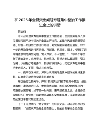 在2025年全县突出问题专题集中整治工作推进会上的讲话