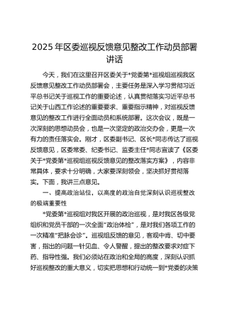 2025年区委巡视反馈意见整改工作动员部署讲话