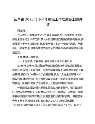 在X镇2025年下半年重点工作推进会上的讲话