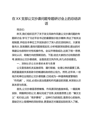 在XX支部公文抄袭问题专题研讨会上的总结讲话
