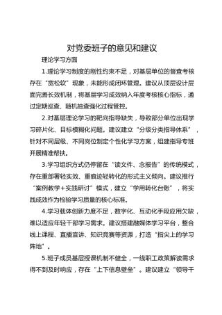 对党委班子的意见和建议