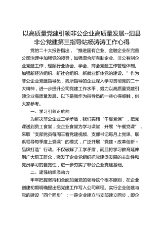 以高质量党建引领非公企业高质量发展--泗县非公党建第三指导站杨涛涛工作心得