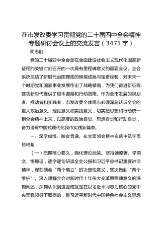 在市发改委学习贯彻党的二十届四中全会精神专题研讨会议上的交流发言（3471字）