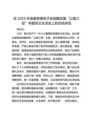 在2025年县委常委班子巡视整改暨“以案三促”专题民主生活会上的总结讲话