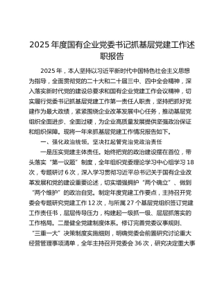 2025年度国有企业党委书记抓基层党建工作述职报告