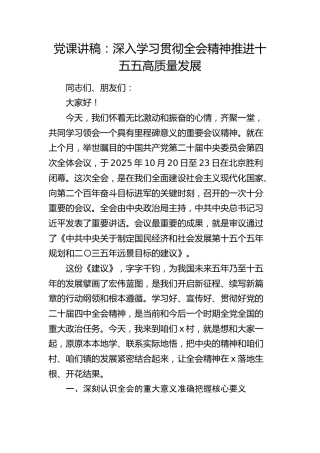 党课：深入学习贯彻四中全会精神   推进十五五高质量发展